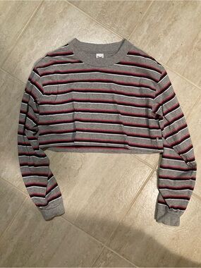 TNA Cropped Crewneck Sweater in Gray with Red & Black Stripes